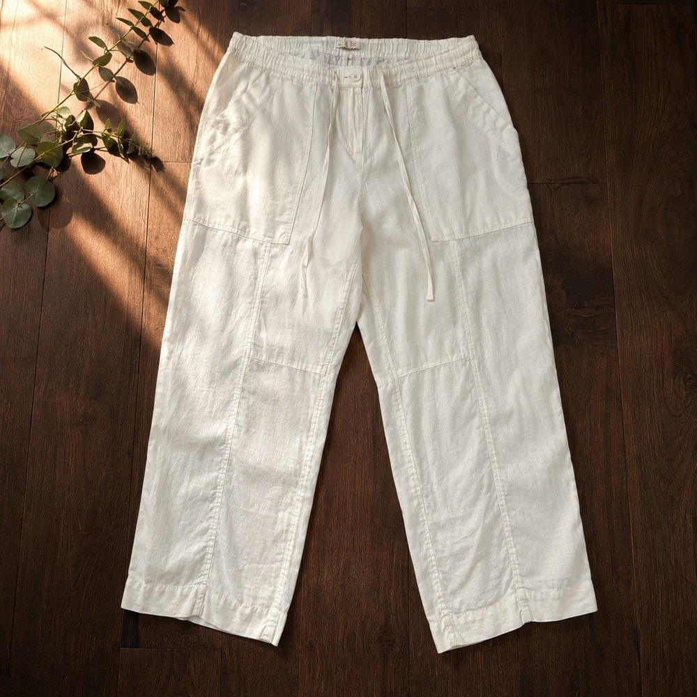 Eileen Fisher Organic Linen Wide Leg Crop Pants Large White Coastal Lagenlook